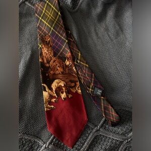 Vintage Polo Ralph Lauren Handmade Silk Tie Beagle Hound Hunt Scene Plaid Tartan